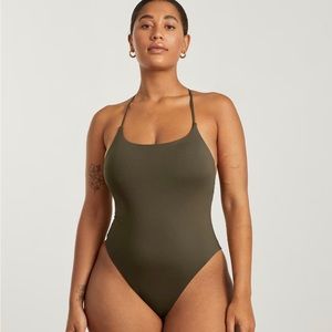 Everlane The String one piece swimsuit in Olive green.
